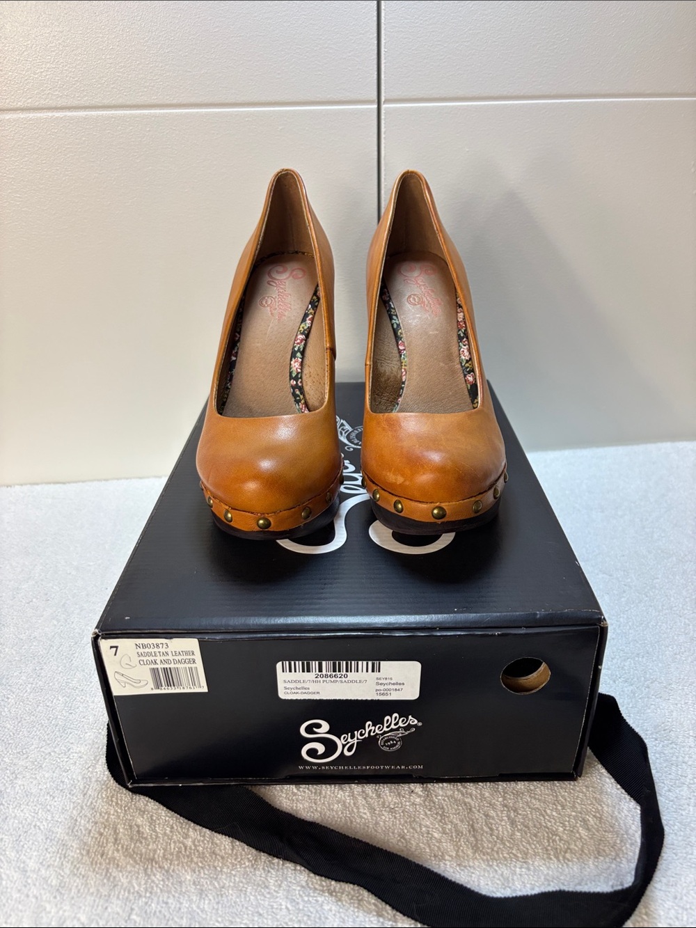Seychelles Cognac Leather Platform Pumps with Stud Accents
